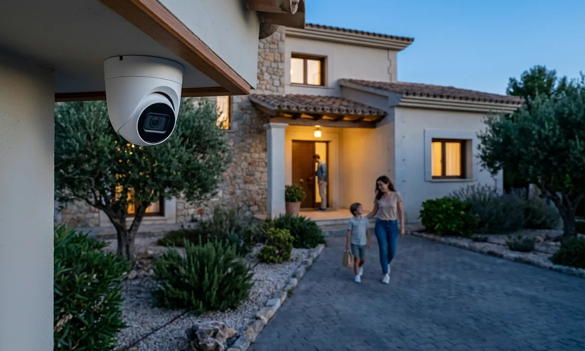 Cámara de seguridad exterior vigilando la llegada de una familia