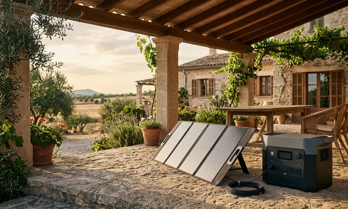 Estación de energía portátil conectada a un panel solar en una casa de campo