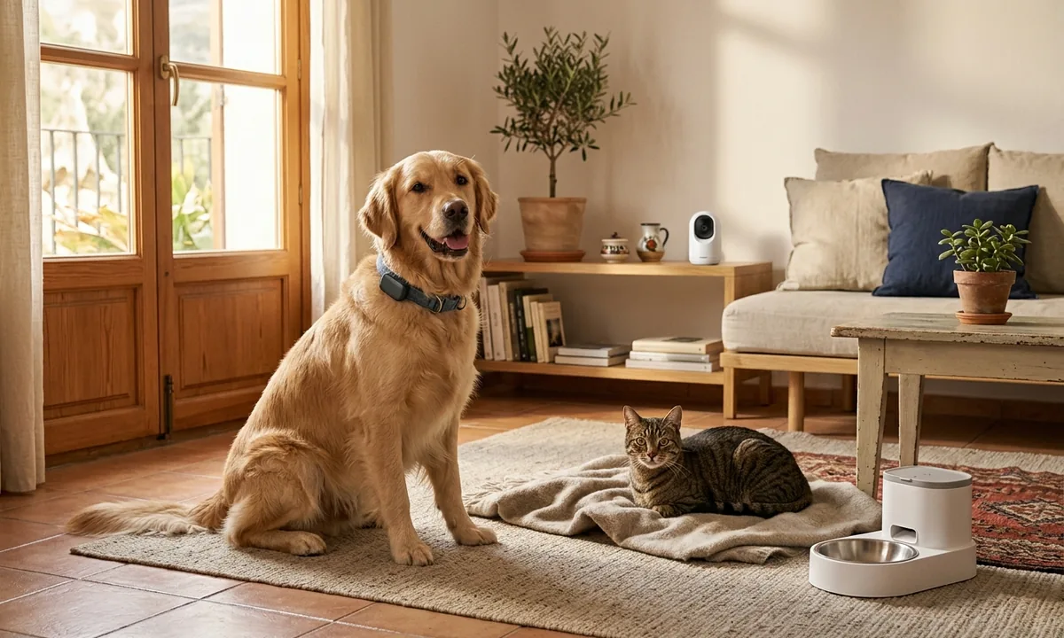 Perro y gato en casa con cámara y comedero inteligente