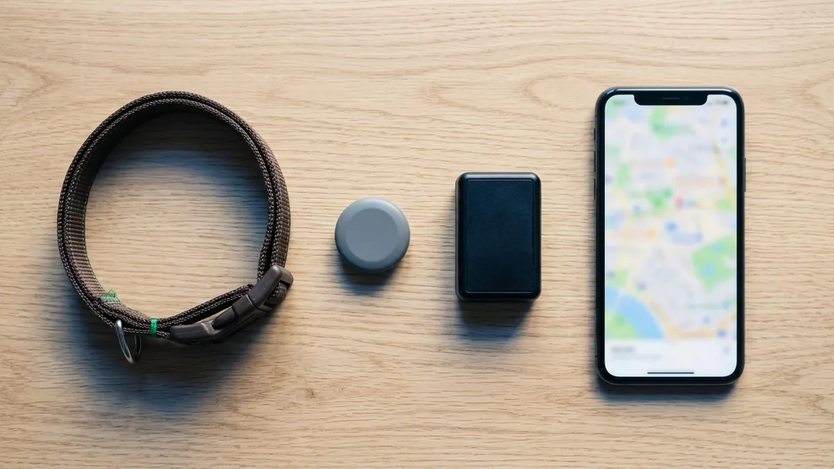 Collar para mascota junto a un localizador Bluetooth, un GPS y un teléfono móvil
