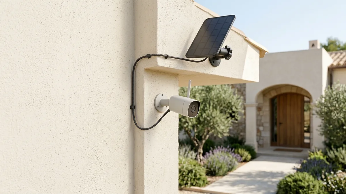 Cámara exterior conectada a un pequeño panel solar en la fachada de una casa