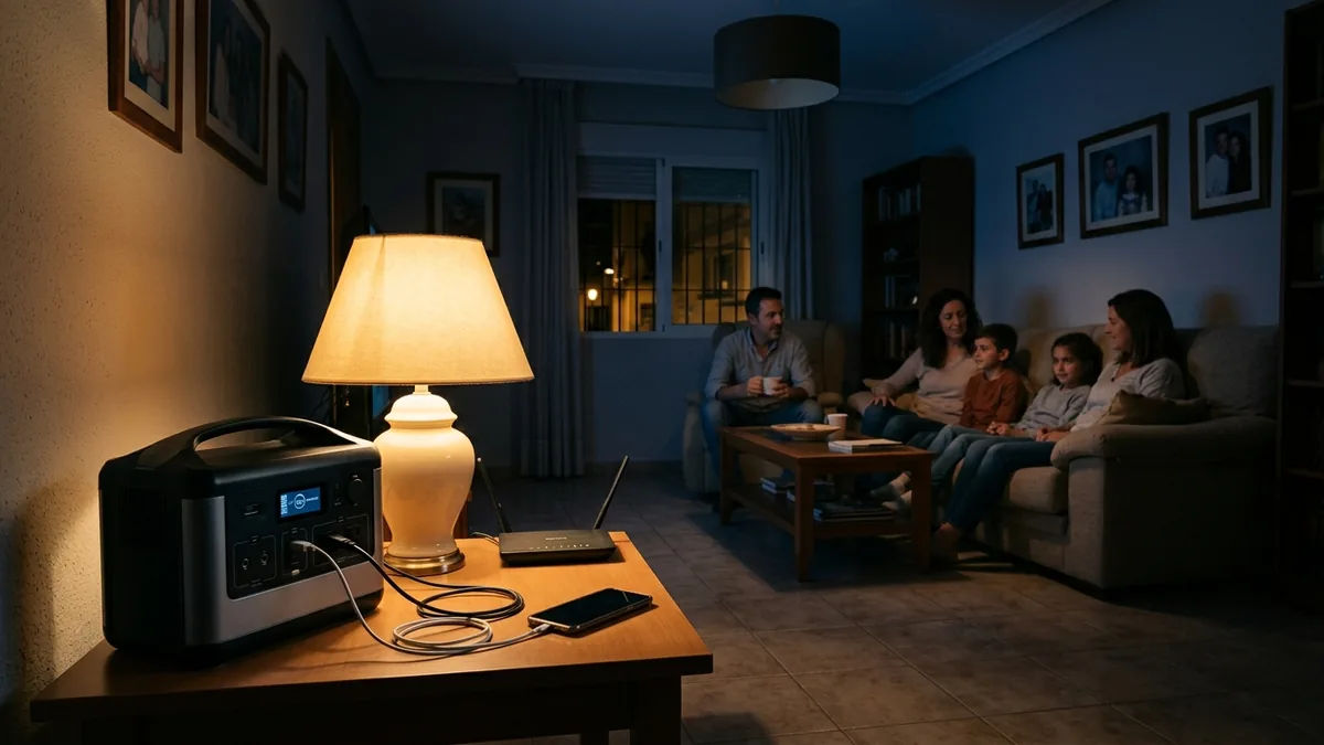 Familia durante un apagón con una batería portátil alimentando luz, router y teléfono