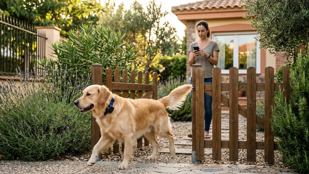 Perro con localizador GPS saliendo por la puerta de un jardín mientras su dueña consulta el móvil