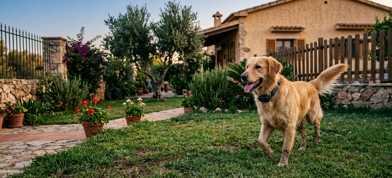 Perro con localizador GPS en el jardín de una casa