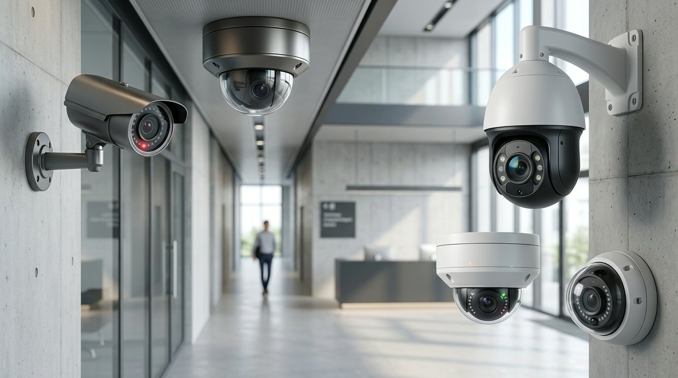 Cámaras de seguridad profesionales: bala, domo y PTZ en pasillo