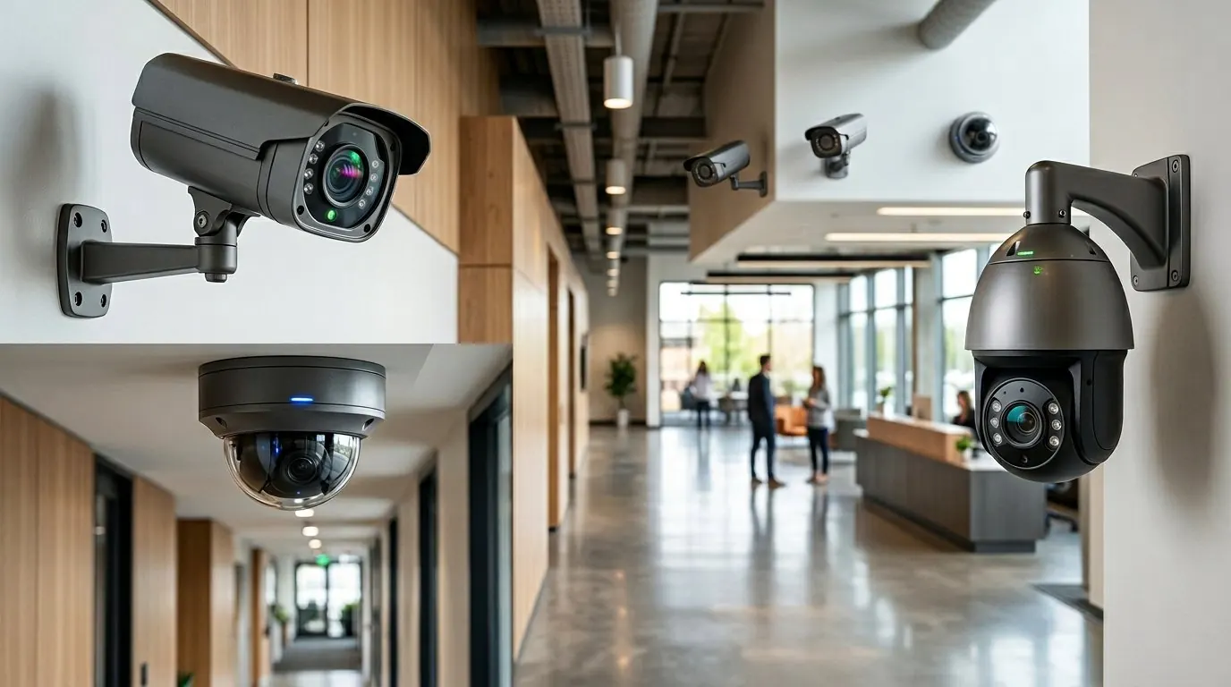 Tipos de cámaras de seguridad: bullet, domo y PTZ instaladas en edificio