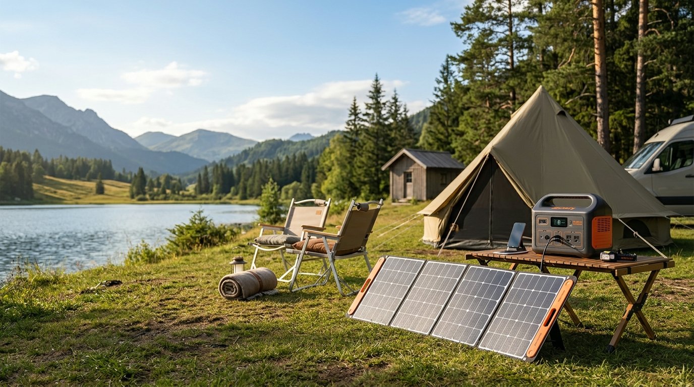 Jackery Explorer con panel solar en camping junto a lago de montaña
