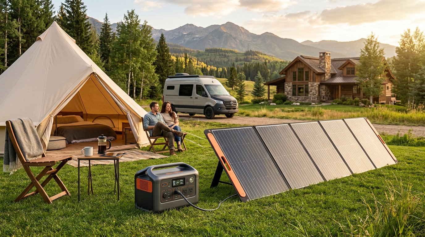 Jackery Explorer con panel solar y pareja en glamping de montaña