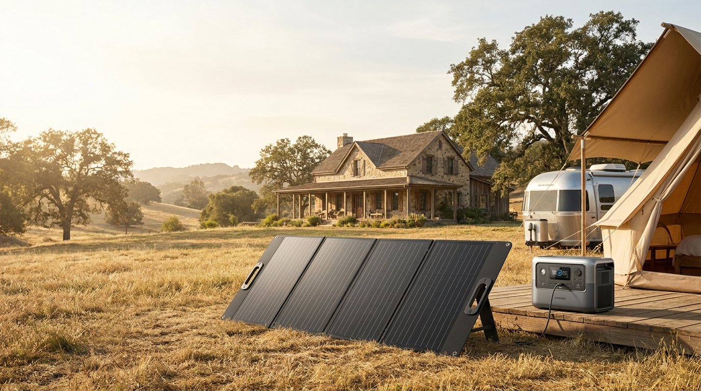 Sistema solar portátil instalado junto a finca rural con glamping